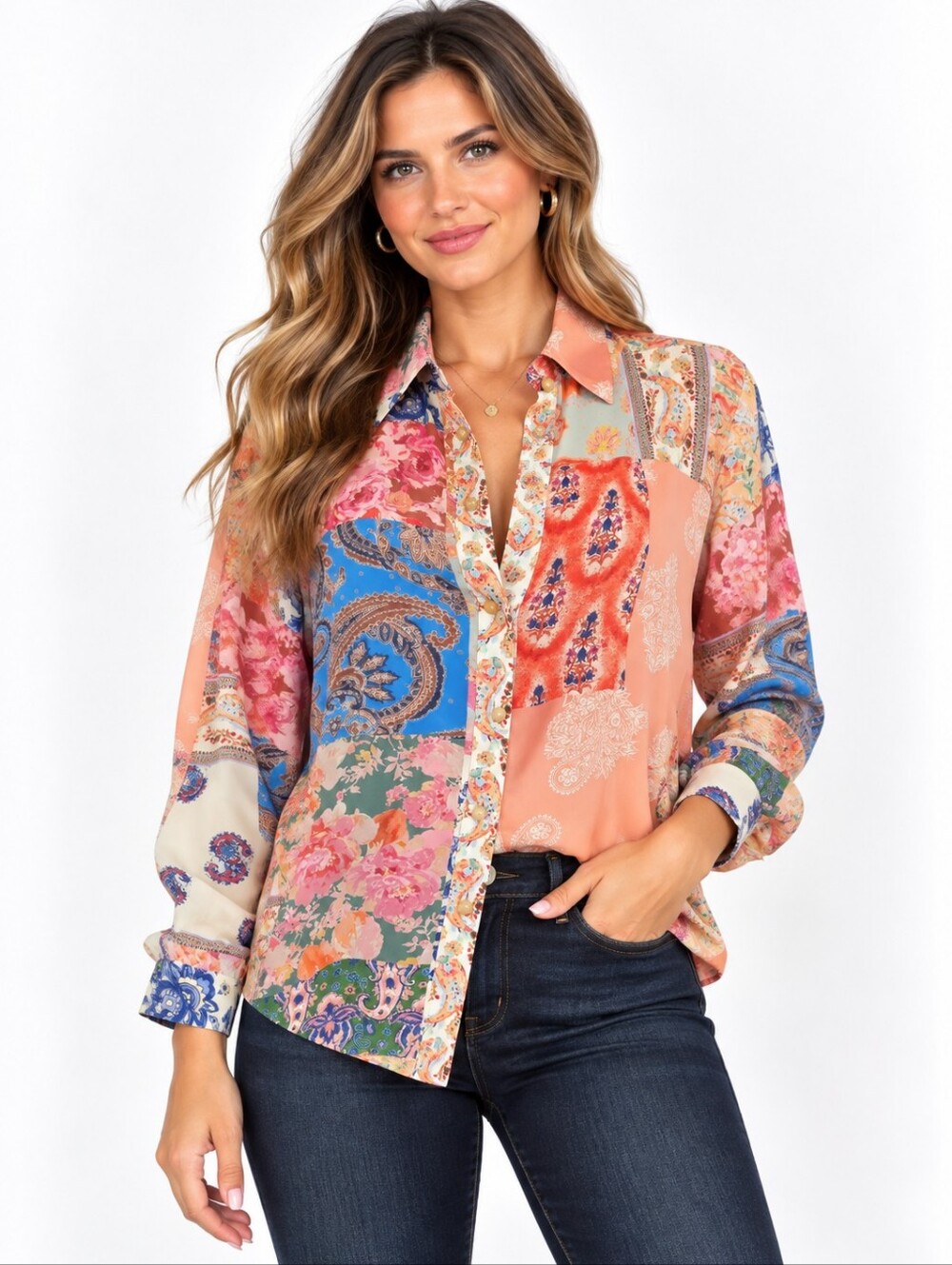Rachel Zoe Patchwork Paisley Floral Button Down Blouse Shirt Medium